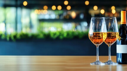 Elegant display of two wine glasses filled with white wine alongside a wine bottle on a wooden table with a blurred bar background ideal for events