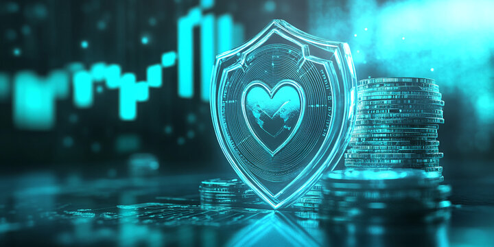 Glass shield with a heart and globe inside, resting on stacks of coins against a blurry teal graph background, symbolizing financial security and global protection