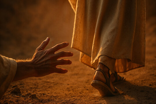 Reaching for a miracle: hand stretches toward Jesus on dusty path at sunset