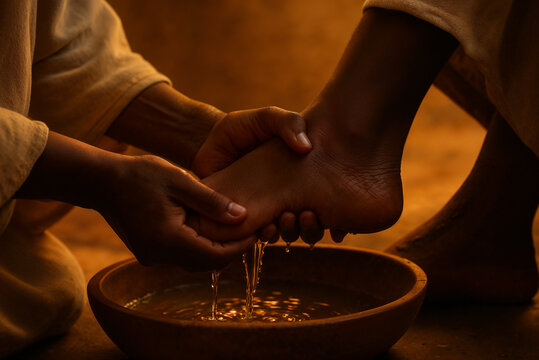 Biblical scene of foot washing during holy ritual