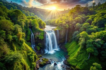 Fototapeta premium Majestic Waterfall Deep Forest Nature Photography, Lush Green Canopy, Cascading Water, Tranquil Scene, Forest Waterfall Image