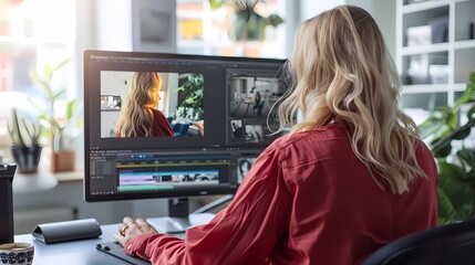 A blonde woman with straight hair and a fuller figure is sitting at a desk with a large monitor, Generative AI illustrations.