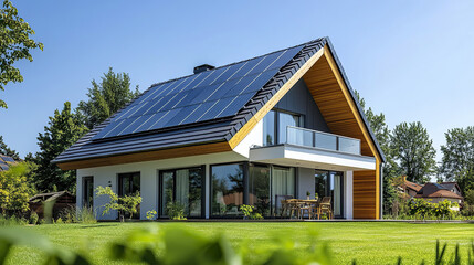Modern house with solar panels in quiet suburb, surrounded by greenery