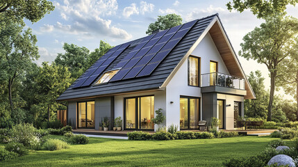 Modern house with solar panels in serene suburb, surrounded by lush greenery