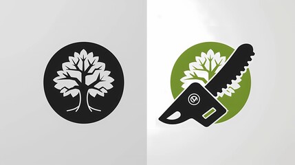 A logo for a tree removal company, black and green, integrated a chainsaw and a tree isolated on a transparent background, Generative AI illustrations.