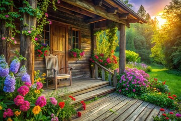 Obraz premium Serene Long Exposure of a Rustic Wooden Cottage Porch Overlooking a Blooming Garden A Peaceful Countryside Escape