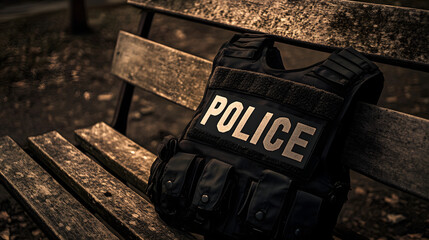 Tactical Vest on Park Bench. A dark tactical vest rests on a weathered wooden bench, evoking a sense of protection, duty, and preparedness. The outdoor setting adds a layer of calm.