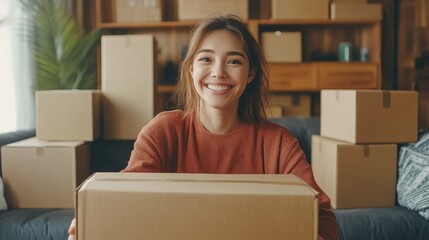 A happy freelancer sme businesswoman working with shipping boxes at home.