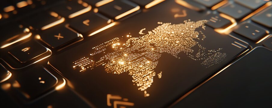 Laptop keyboard with a digital global map hologram overlay, set against a binary code background, representing the fusion of technology and data, 3D rendering
