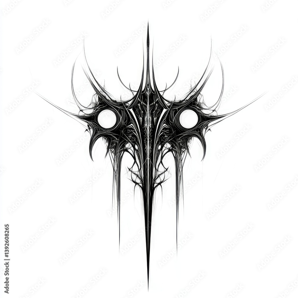 Poster intricate black and white abstract design with sharp spikes and white circles