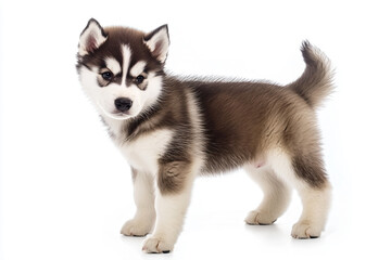 a puppy standing on a white surface