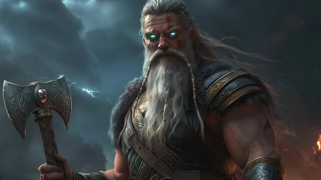 Photorealistic portrait of slavic god perun thunder, muscular build, axe, and stormy aura

