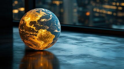 Earth globe, city view, night
