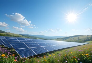 solar panel farm under a bright blue sky, surrounded by green hills and blooming wildflowers, symbolizing clean energy.