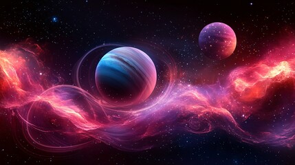 Naklejka premium Saturn Surrounded by Glowing Plasma Waves in a Vast Cosmic Landscape of Deep Space