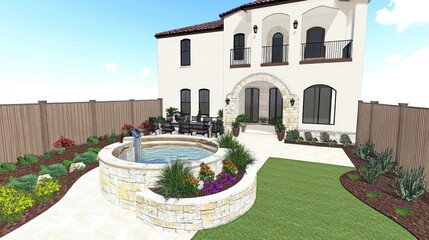 Fototapeta premium A rendered image of a house with a garden and water feature