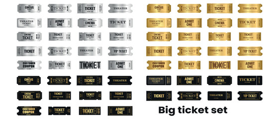 Super big collection of golden, silver, and black ticket templates on a white isolated background. Invitation-style tickets for casino, theater, cinema, movie, coupon, or voucher use.