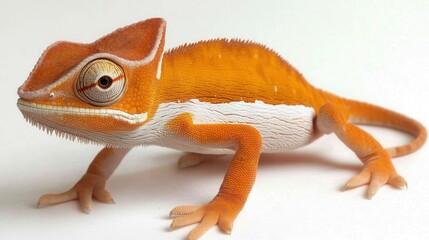 Obraz premium A vibrant orange and white chameleon with a focused gaze, captured in a detailed close-up. Its textured skin and delicate feet are prominent