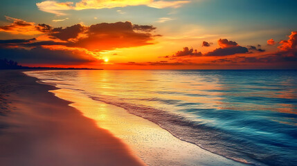 Obraz premium A peaceful, empty beach at sunset with the sky transitioning from orange to dark blue, and the water mirroring the warm colors of the sky.