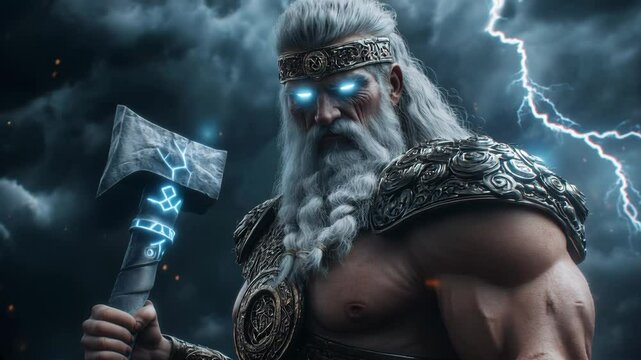 Epic portrait of perun, slavic thunder god, with glowing eyes and massive axe amid stormy skies