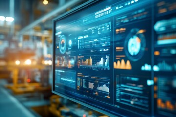 Obraz premium Futuristic Data Visualization Dashboard in a High-Tech Industrial Setting
