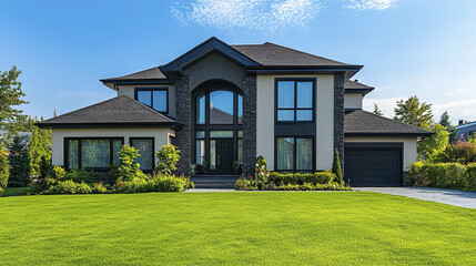 Modern suburban house with large windows and lush lawn