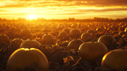 Fototapeta premium A peaceful pumpkin field at sunset, the golden light reflecting off the pumpkins, casting long, soft shadows and creating a tranquil atmosphere.