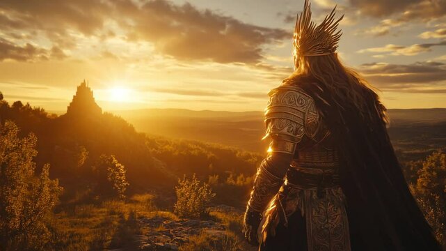 Dazhbog, the slavic sun god, radiates warm light at dawn atop a hill with solar symbols armor