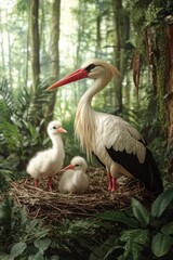Fototapeta premium Stork Family in Nest, Lush Forest