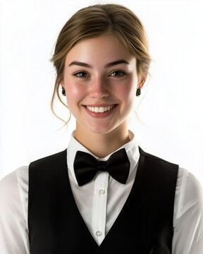 Portrait of young female hostess with an elegant and professional appearance, posing against a clean white background and smiling at the camera. Magazine cover