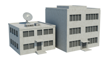 Isolated Gray Office Buildings with Satellite Dish