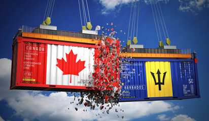 Obraz premium Cargo containers with flags of Canada and Barbados - 3D illustration