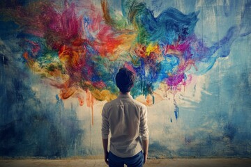 Obraz premium Person in Front of Colorful Abstract Art on a Wall Background