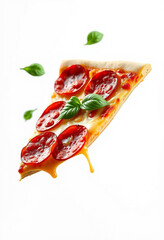 Melting Pepperoni Pizza Slice with Basil on White Background
