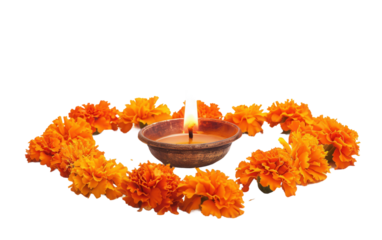 A charming diya oil lamp placed strategically in front of a colorful rangoli design, illuminating the Diwali celebration with its glow Isolated on Transparent Background PNG.