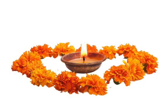 A charming diya oil lamp placed strategically in front of a colorful rangoli design, illuminating the Diwali celebration with its glow Isolated on Transparent Background PNG.