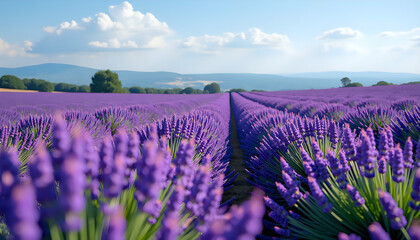 Fototapeta premium Majestic Lavender Field Under a Cloud-Kissed Sky