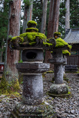 Ancient moss-covered stone lanterns with weathered surfaces and ornate carvings surrounded by...