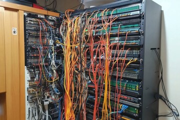 Server Rack with Untidy Cables and Wires in a Data Center