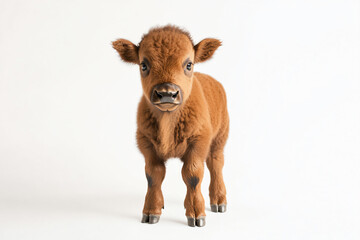 a baby cow standing on a white surface