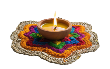 A decorative diya oil lamp beautifully positioned in front of a detailed rangoli pattern, highlighting the Diwali festivities Isolated on Transparent Background PNG.