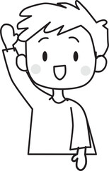 Line drawing of a cute boy smiling and raising his hand. Simple, flat. Vector illustration

