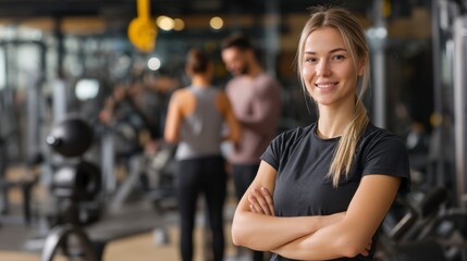 Smiling Fitness Trainer at the Gym: A fitness trainer beams with confidence, her arms crossed, standing in a modern gym, embodying the dedication and inspiration to a healthy lifestyle.