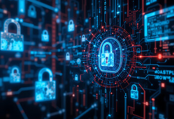 Secure Digital Network: Glowing Padlocks Protecting Data Flow in Cyberspace