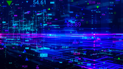 Communication network concept. Digital transformation. Engineering, coding with technology icons, numbers and binary code, big data. Data flow information. Digital communication concept. 3D rendering