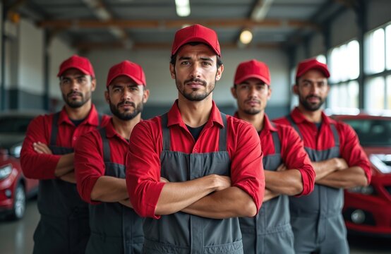 Group of hispanic men mechanics in uniform with red hats arms crossed. Team of auto repair shop workers looking at camera. Automobile service, garage, vehicle care, car maintenance concept.
