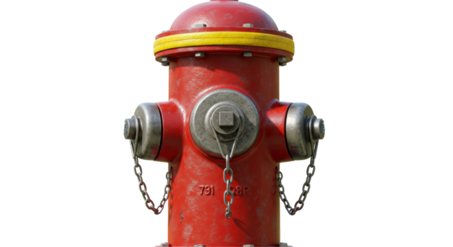 Isolated Red Fire Hydrant with Yellow Top and Chains