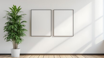 A minimalist modern office interior features a bright white wall perfect for mockup presentations with two blank vertical framed ses and a potted plant adding a touch of