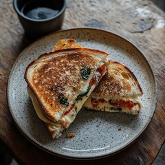 Grilled Sandwich Melted Cheese, Tomato, Spinach on Toasted Sourdough, Rustic Plate