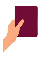 Hand holding, giving, sharing paper book. Taking, recommending fiction and study literature for reading, school textbook. Book mockup. Outline colored vector drawing isolated